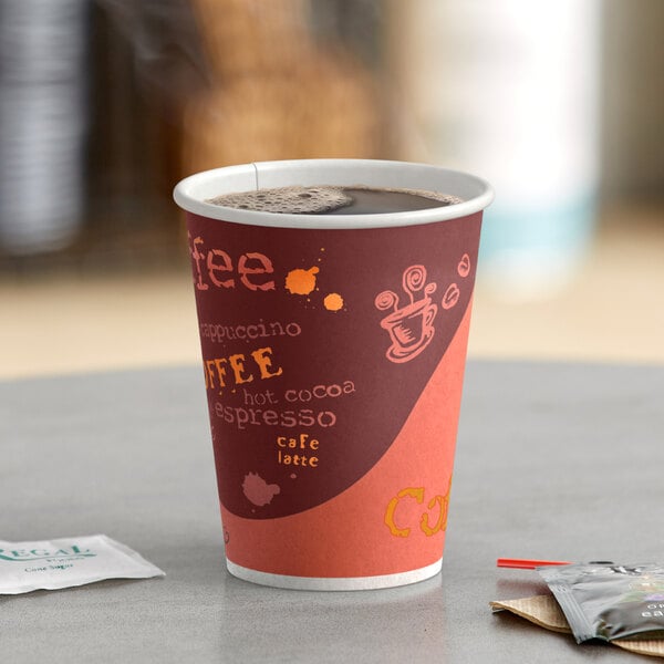 A close-up of a Choice coffee cup filled with coffee on a table.