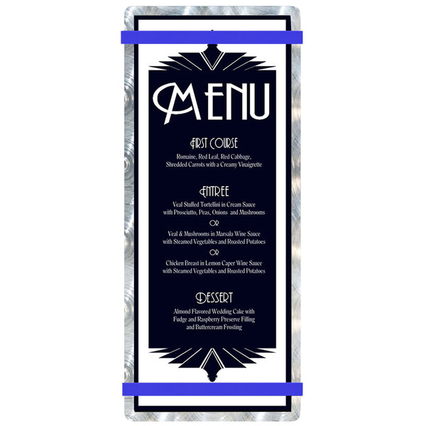 A white customizable Menu Solutions aluminum menu board with blue swirls and blue bands.