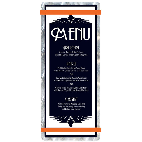 A white menu board with orange bands and black swirls.