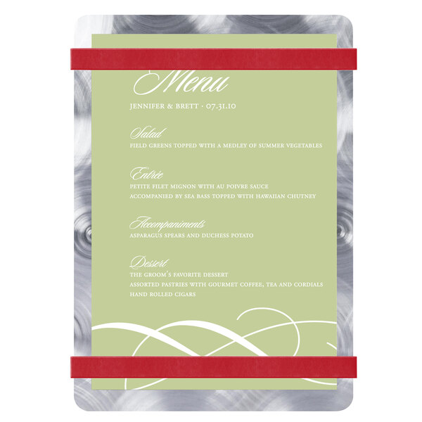A Menu Solutions Alumitique aluminum menu board with red bands and silver swirls holding a white menu card.