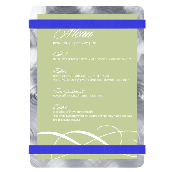A Menu Solutions Alumitique menu board with silver swirls and royal blue bands.