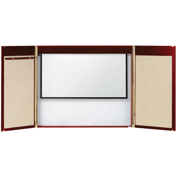 A cherry hardwood veneer white board with a red border.