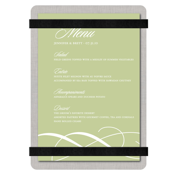 A Menu Solutions customizable brushed aluminum menu board with black bands holding a white menu card with black straps.