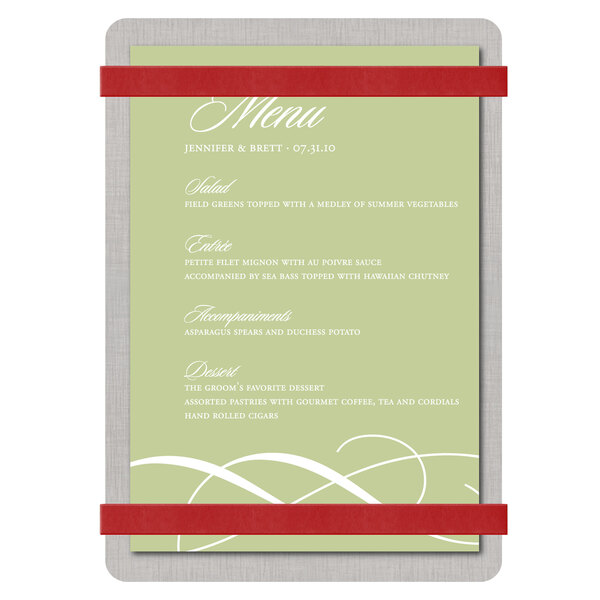 A Menu Solutions Alumitique menu board with red bands and ribbon on a white background.