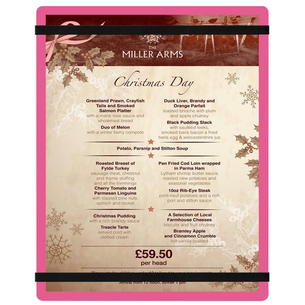 A pink Menu Solutions acrylic menu board with rubber band straps on a table in a restaurant.
