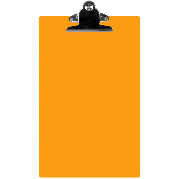 An orange rectangular acrylic clipboard with a metal clip.