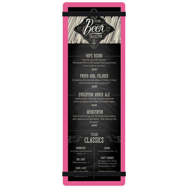 A pink Menu Solutions acrylic menu board with black rubber band straps and white text.