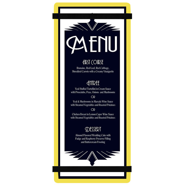 A yellow Menu Solutions acrylic menu board with black and yellow rubber band straps.