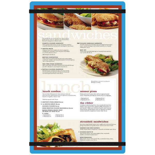 A blue Menu Solutions custom acrylic menu board with a sandwich menu.