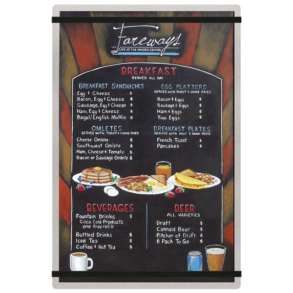 A white Menu Solutions Alumitique menu board with brushed aluminum and black bands with food on it.