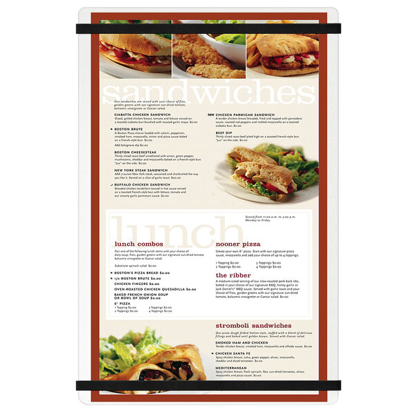 A clear frosted Menu Solutions acrylic menu board with rubber band straps holding a menu with a sandwich and salad.