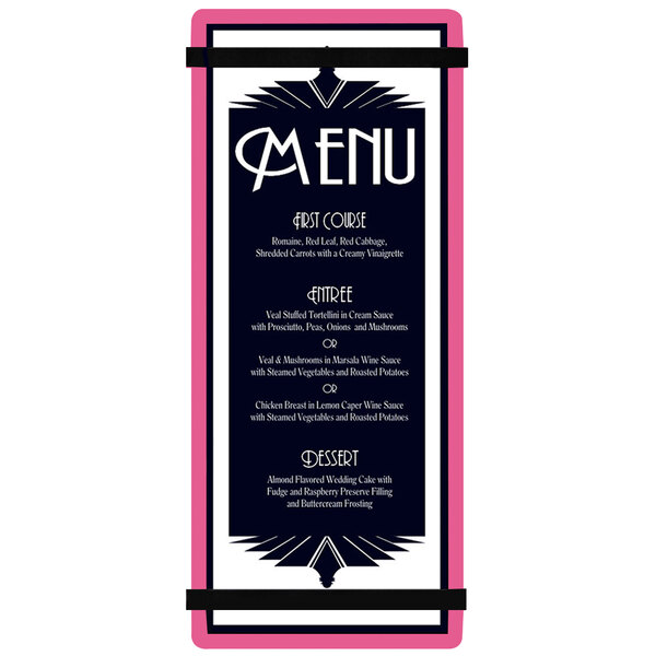 A customizable Menu Solutions acrylic menu board with a pink frame and rubber band straps.