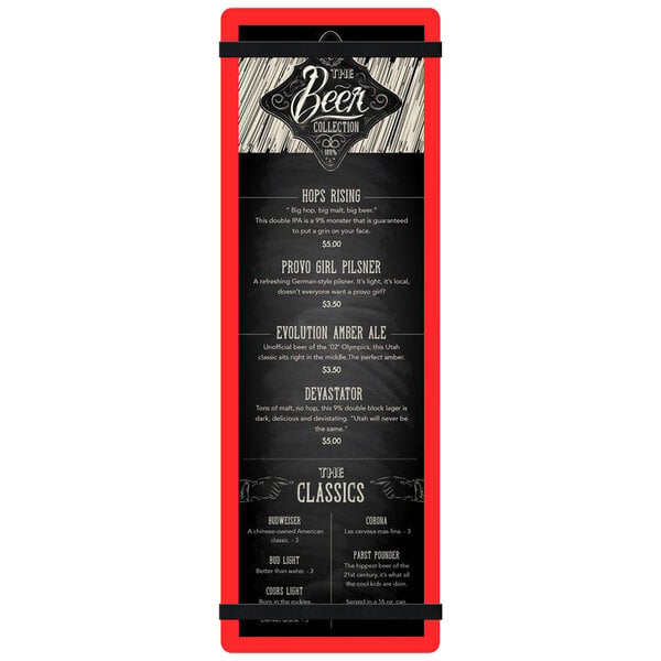 A red Menu Solutions acrylic menu board with black rubber bands holding a white and black menu.