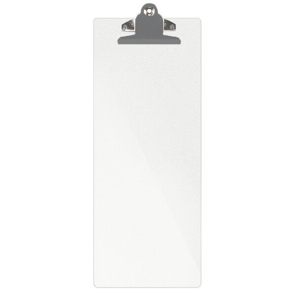 A white rectangular acrylic menu clipboard with a silver clip.