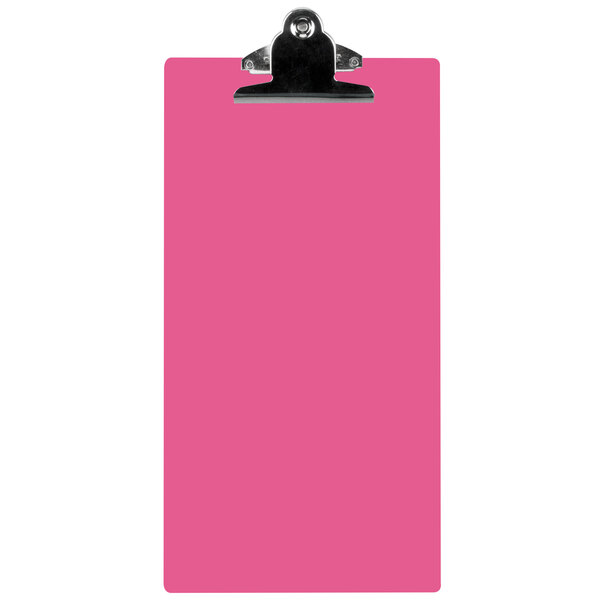 A pink rectangular Menu Solutions clipboard with a metal clip.