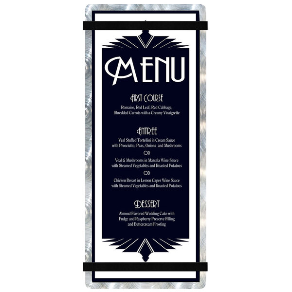 A Menu Solutions Alumitique menu board with a white background and black bands.