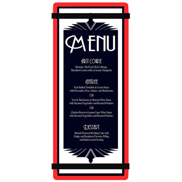 A red Menu Solutions menu board with rubber band straps and a white menu card.