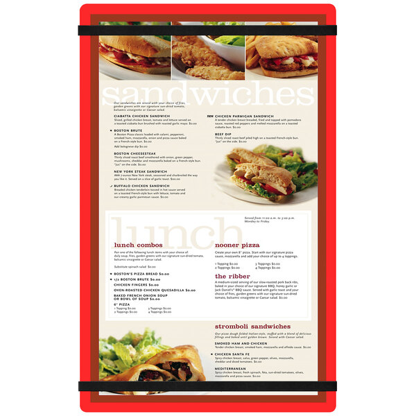 A red Menu Solutions acrylic menu board with a sandwich menu.