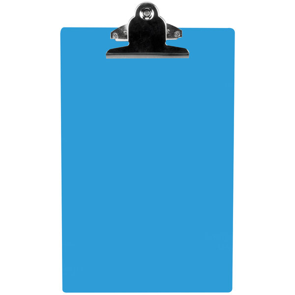 A blue rectangular clipboard with a metal clip.