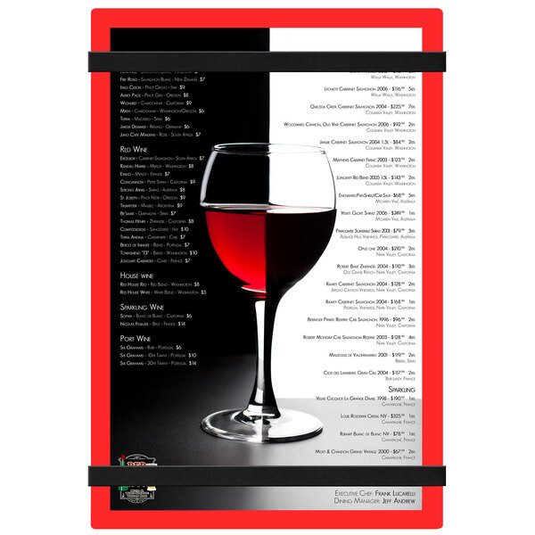 A red Menu Solutions acrylic menu board with a glass of wine.