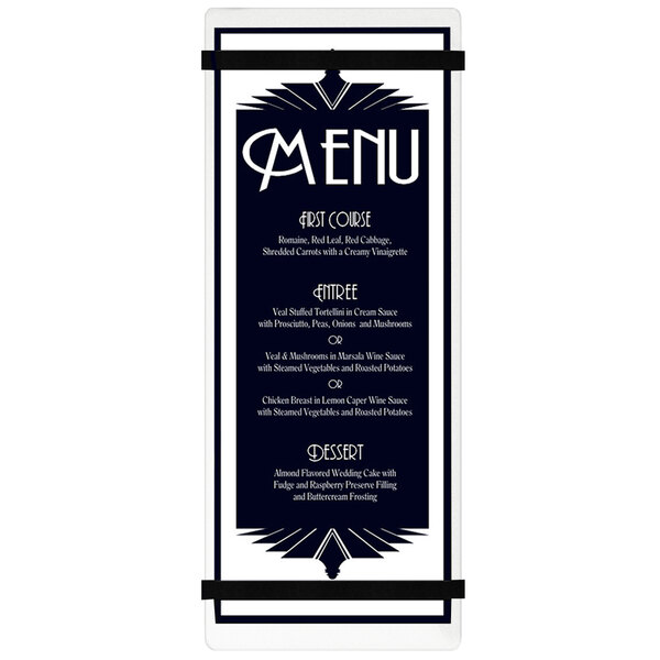 A clear frosted acrylic menu board with white text and rubber band straps.