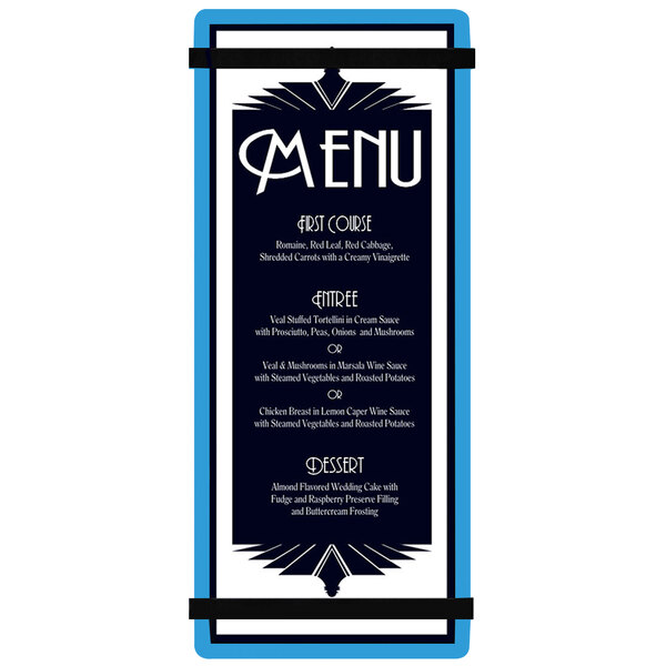A blue acrylic menu board with white and black text.