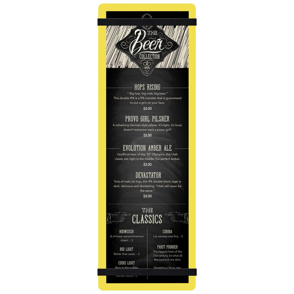 A yellow and black customizable acrylic menu board with rubber bands on a table with a black and white beer menu.