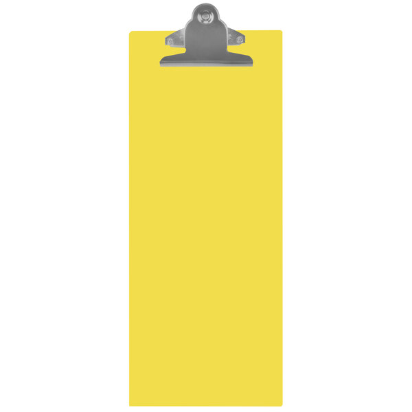 A yellow rectangular acrylic menu clip board with white border and silver clip.