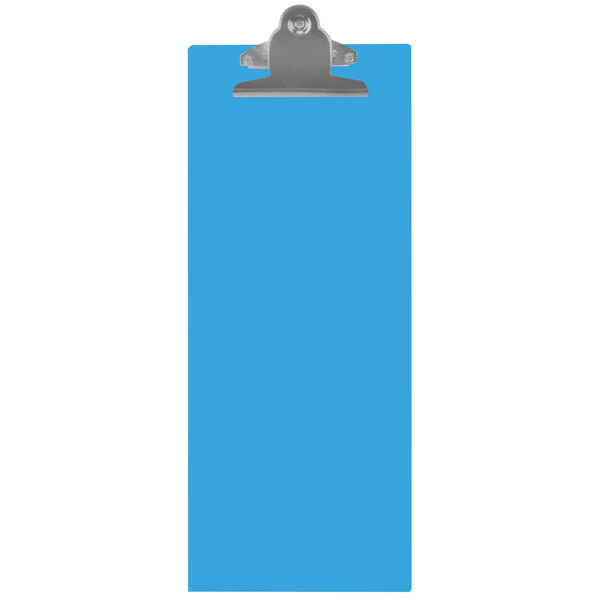 A blue rectangular Menu Solutions clip board with a clip.