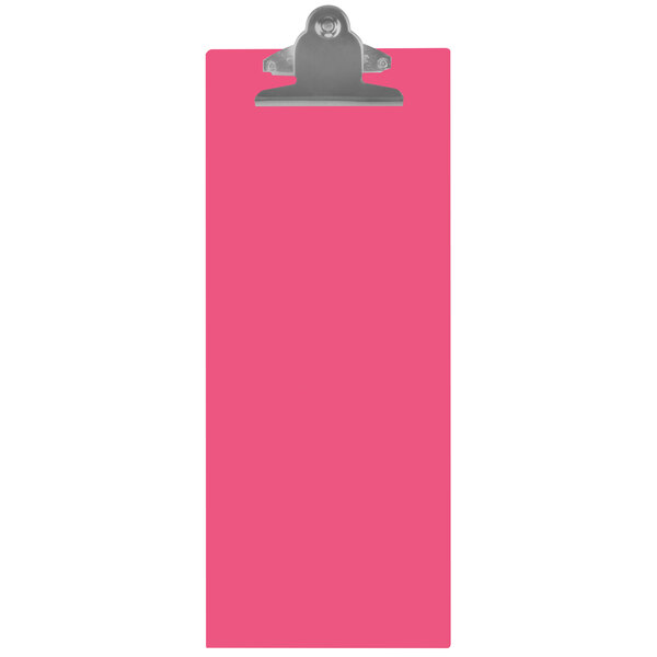 A pink rectangular acrylic menu clip board with a silver clip.