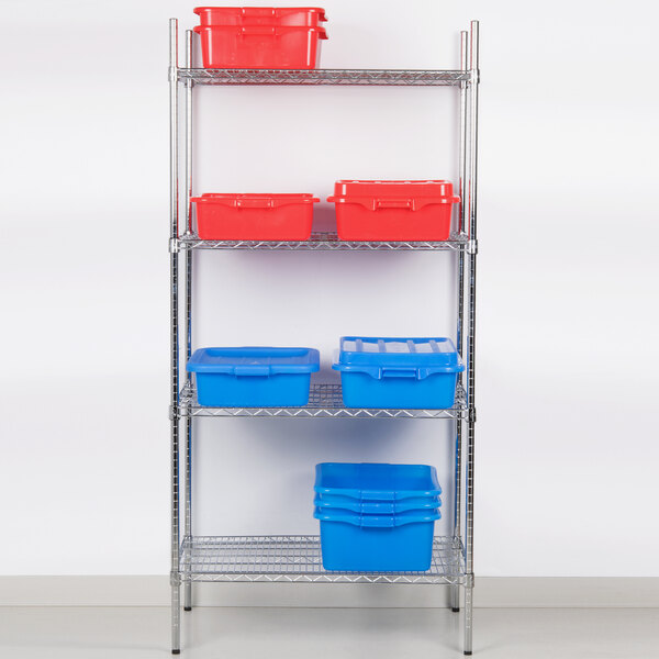 A Regency stainless steel wire shelving unit with red and blue plastic bins on the shelves.