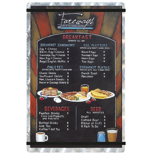 A Menu Solutions Alumitique menu board with black swirls and white bands with a menu on it.