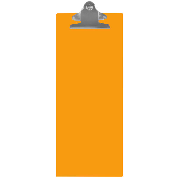 An orange rectangular acrylic clipboard with metal clip.