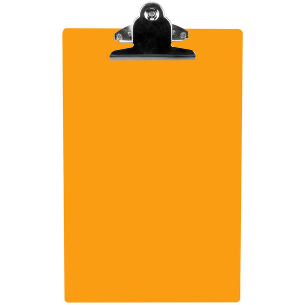 An orange rectangular acrylic clipboard with a black clip.