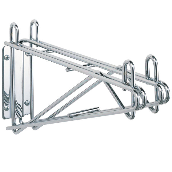 A Metro stainless steel wall mount shelf support with two hooks.