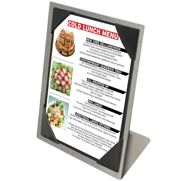 An Alumitique aluminum menu tent with a picture of sandwiches on it.