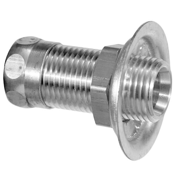 A close-up of a Fisher stainless steel threaded pipe nipple.