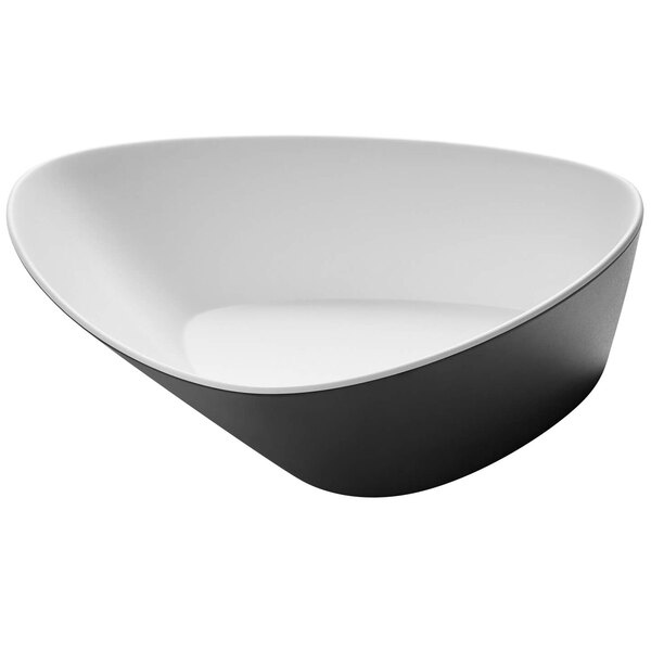 A white melamine triangle bowl with a black and white rim.