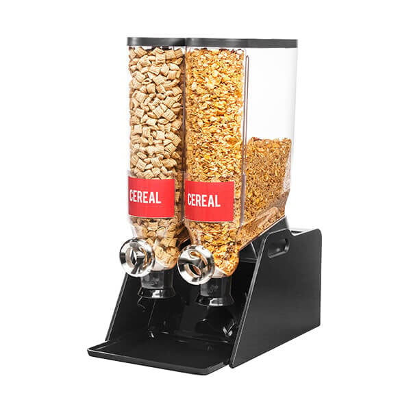 A black Rosseto cereal dispenser with two containers of cereal.