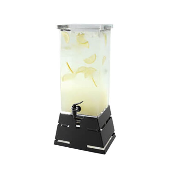 A clear plastic beverage dispenser with a black matte base and lemon slices in the water.