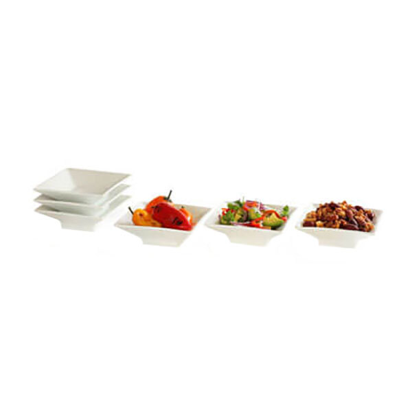 A row of Rosseto white porcelain square bowls filled with vegetables and fruit.