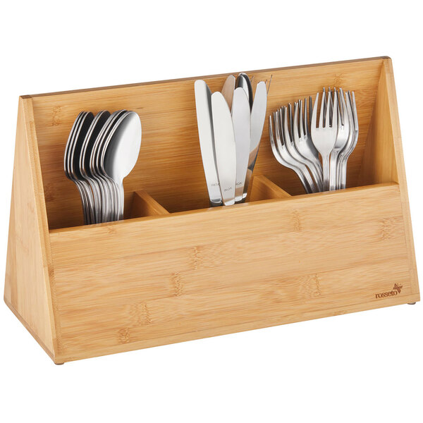 A Rosseto bamboo flatware organizer holding silverware and spoons.