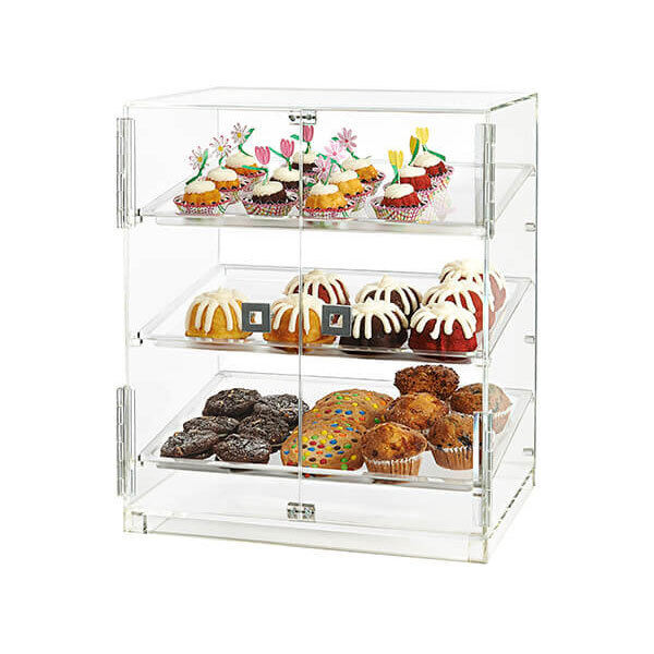 A Rosseto clear acrylic display case with pastries, cupcakes, cookies, and muffins.
