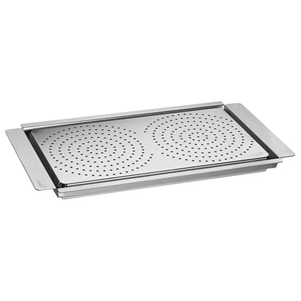 A Rosseto stainless steel griddle with a perforated warming tray.