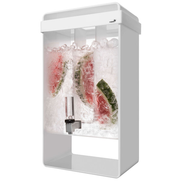 A white Rosseto infusion beverage dispenser with watermelon slices in ice water.