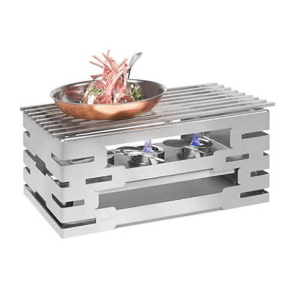 A stainless steel Rosseto chafer alternative with a metal bowl on a grill stand.