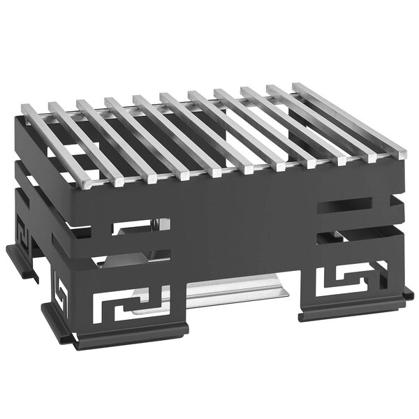 A black and silver metal grill with metal bars on it.