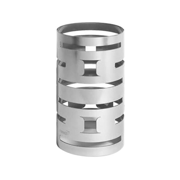 A silver stainless steel round multi-level riser with holes in the top.