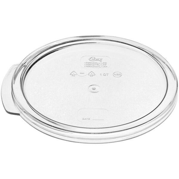 A clear round polycarbonate lid for a food storage container.