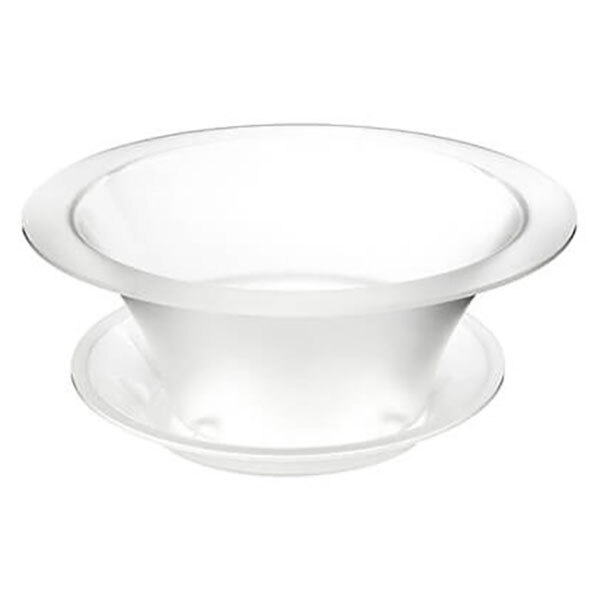 A clear acrylic bowl with a curved edge and a white drip tray.